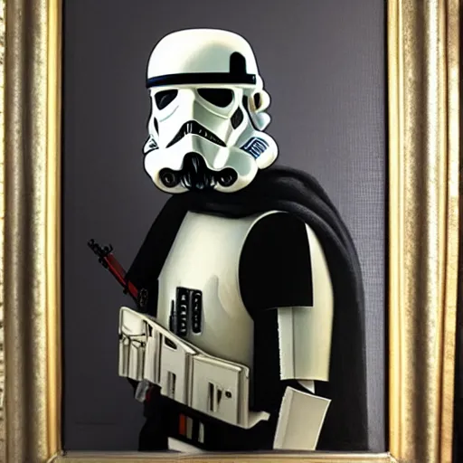 Prompt: a portrait painting of a stormtrooper from star wars in a renaissance style hanging in the louvre