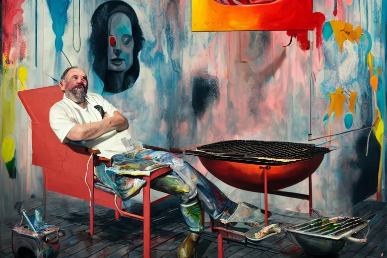 Image similar to portrait of a morphed painter sitting in a chair at a bbq grill tending to meat, art by james jean and luc tuymans and vincent lefevre and hernan bas and pat steir and hilma af klint, psychological, dripping paint, high quality render, cg society contest winner, retrofuturism, masterpiece