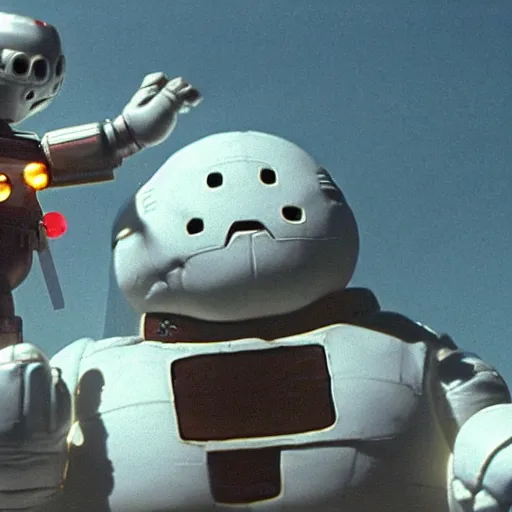 Image similar to color photograph of mechagodzilla fighting the giant Stay Puft Marshmallow Man