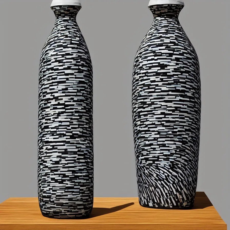 Image similar to beautiful gallery show studio photograph of a giant ceramic sculpture of a bottle, glazed by bridget riley and victor vasarely, placed on a polished wooden table, hyperrealism 8 k trending on artstation