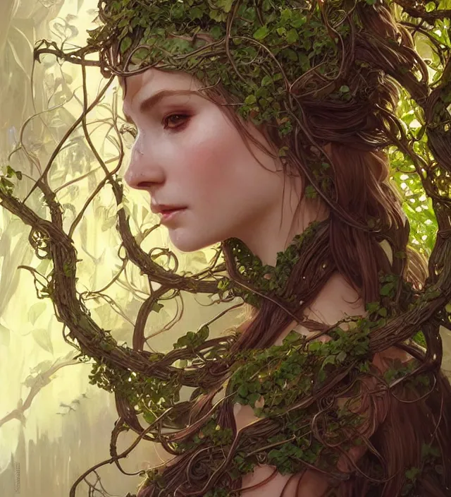 Image similar to a beautiful elven druid, clad in vines, intricate, sharp focus, defined face, tronie portrait, well drawn eyes, illustration, highly detailed, digital painting, concept art, matte, art by wlop and artgerm and greg rutkowski and alphonse mucha, masterpiece