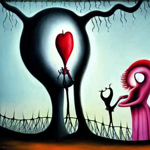 Prompt: surrealism painting of love by tim burton