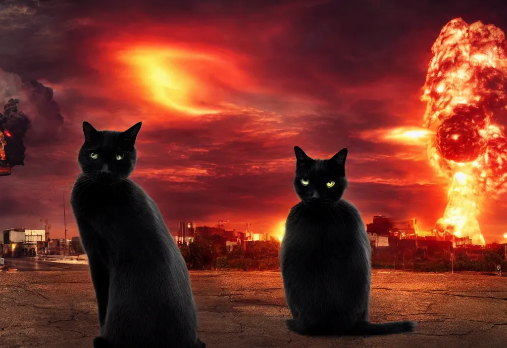 Prompt: old manwith black cat watching nuke explosion cinematic, background blur bokeh, world ending nuke, 4 k