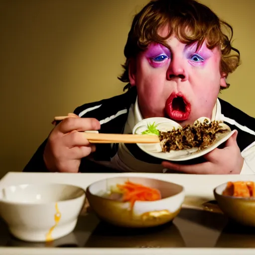 Prompt: wide - angle photo of augustus gloop eating body sushi, high focus, dramatic lighting, high detail, photo by david lachappelle 8 k