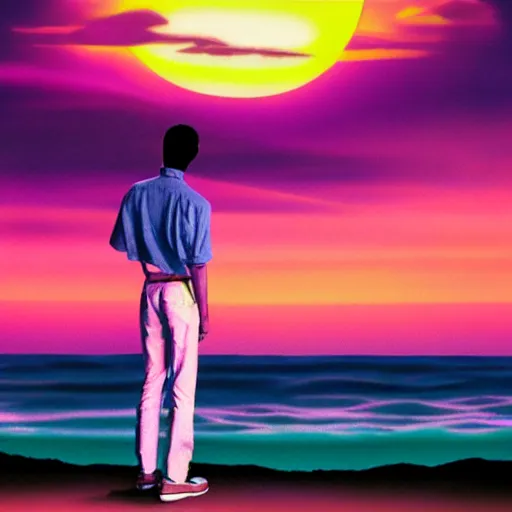 Image similar to a man looking off into a vaporwave sunset