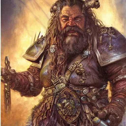 Image similar to art by donato giancola and bayard wu and gustav moreau and wayne barlowe, a fantasy cinematic close up shot of a dwarf berserker, warhammer, dnd, last stand