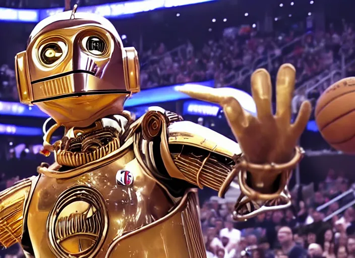 Image similar to ESPN still of C-3PO playing in the nba playoffs live on espn, 4k