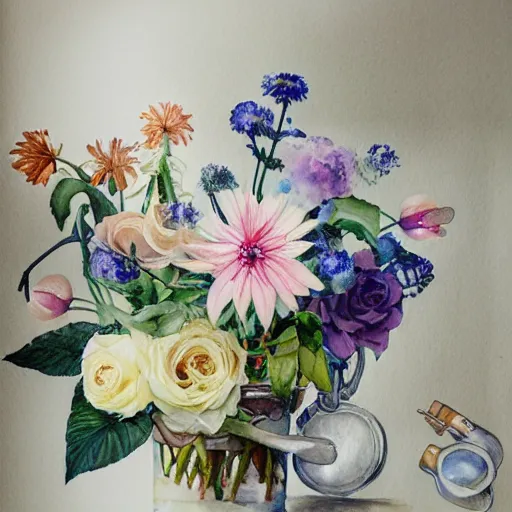 Image similar to watercolor kitchen with flowers by by marco mazzoni, by stephanie law,