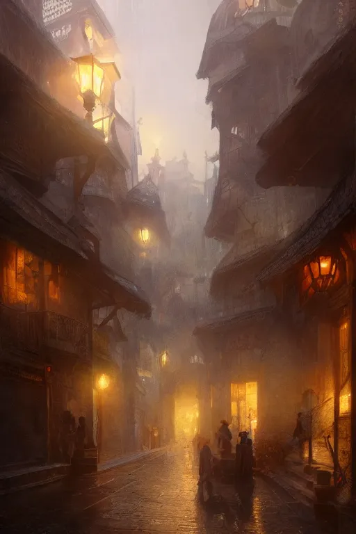 Image similar to inside the antique city of Avalon at dusk, intricate, elegant, volumetric lighting, digital painting, highly detailed, artstation, sharp focus, illustration, concept art, ruan jia, steve mccurry