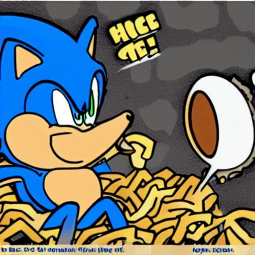 Prompt: Oops, Sonic the Hedgehog ate too much Mac and Cheese! He might explode! Run! Morbidly obese sonic eating way too much Mac N Cheese.