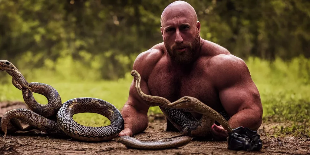 Prompt: The Big Guy Ryback fighting a snake solo outdoors, photorealistic, ultra hd, cinematic lighting, award-winning, 4k, leica sl2 30mm, beautiful color, high quality, high textured, lens flare