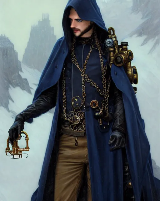 Prompt: handsome male using a mechanical steampunk device, long black hair blue eyes wearing cloth mantle gothic navy cloak with leather details, cliffside town, fantasy character portrait, ultrarealistic, intricate details, elegant, cinematic lighting, highly detailed, artstation, cgsociety, sharp focus, beautiful digital painting by artgerm, gerald brom, wlop, alphonse mucha