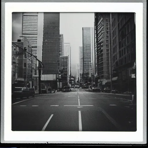 Image similar to instant photograph of a city in 1979, polaroid, raw, light leak, clouds