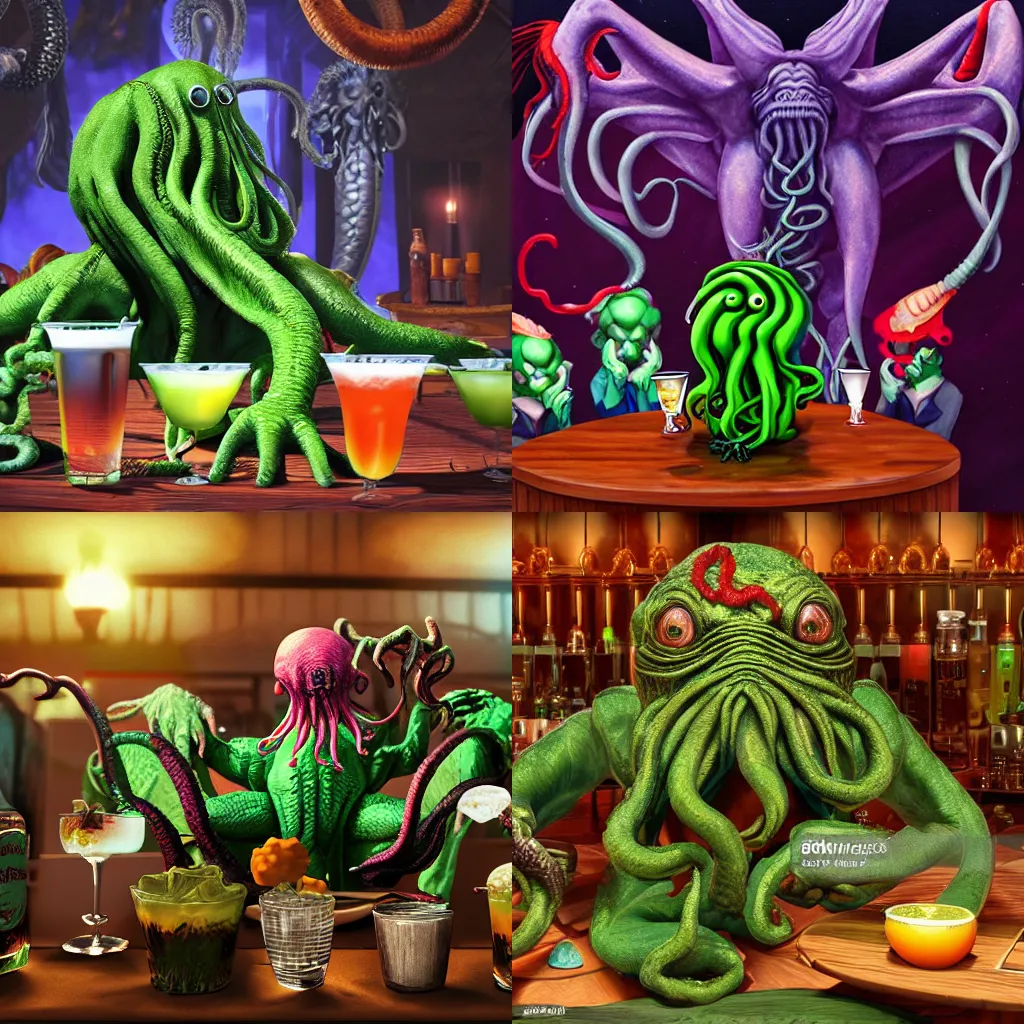 Prompt: cthulhu having a cocktail party with friends, hyperrealistic, 8 k
