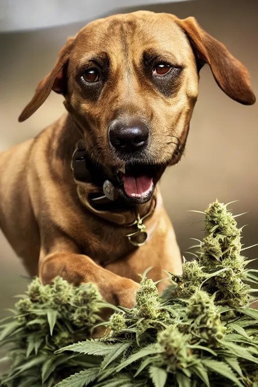 Image similar to national geographic professional photo of a cannabis dog, award winning, 4 k, highly detailed