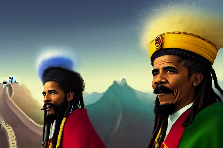 Image similar to rasta obama, on great wall of china, close up, wearing crown of bright feathers, long white moustache, artstation, fantasy, intricate, beautiful, cinematic, octane render, arnold render, 8k, hyperrealism, detailed, sharp focus, 4k uhd, masterpiece, award winning, painting by Ivan Aivazovsky and Greg Rutkowski