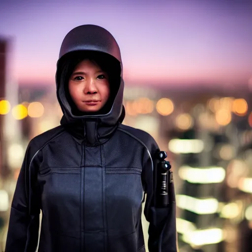 Image similar to photographic portrait of a techwear woman, closeup, on the rooftop of a futuristic city at night, sigma 85mm f/1.4, 4k, depth of field, high resolution, 4k, 8k, hd, full color