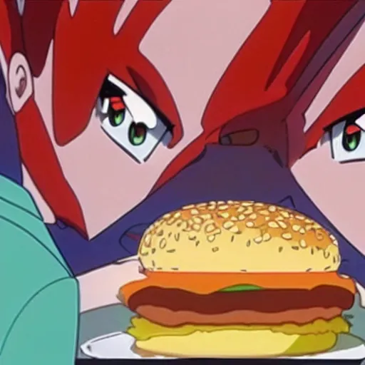 Image similar to unit one from neon genesis evangelion eating a big mac closeup 8 k