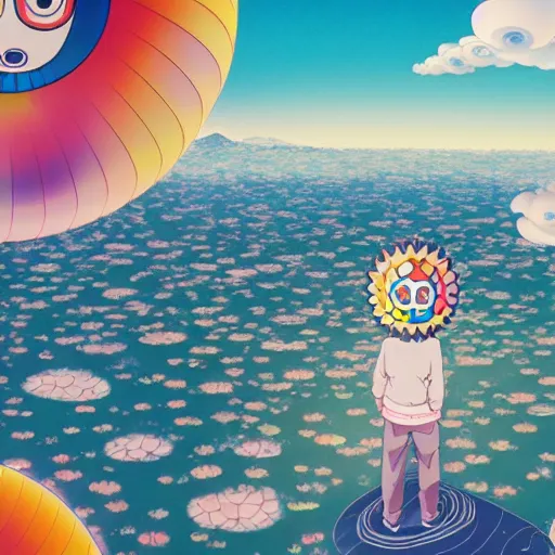 Image similar to a man walking on clouds away from the camera above kyoto by takashi murakami, beeple and james jean, aya takano color style, 4 k, super detailed, modern, 4 k, symmetrical