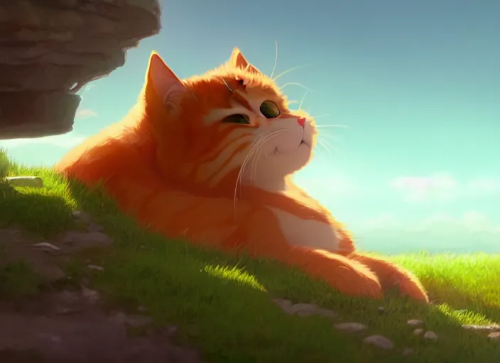 Image similar to a wholesome animation key shot of a ginger cat sleeping, close up, studio ghibli, pixar and disney animation, sharp, rendered in unreal engine 5, clear sky, anime key art by greg rutkowski, bloom, dramatic lighting