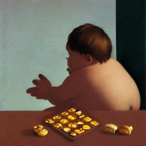 Prompt: a very fat boy eating chocolates with wrappers on the floor by Raphael, Hopper, and Rene Magritte. detailed, romantic, enchanting, trending on artstation.