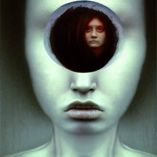 Image similar to woman face staring, portrait, flash photograph, fisheye, by Zdzislaw Beksinski