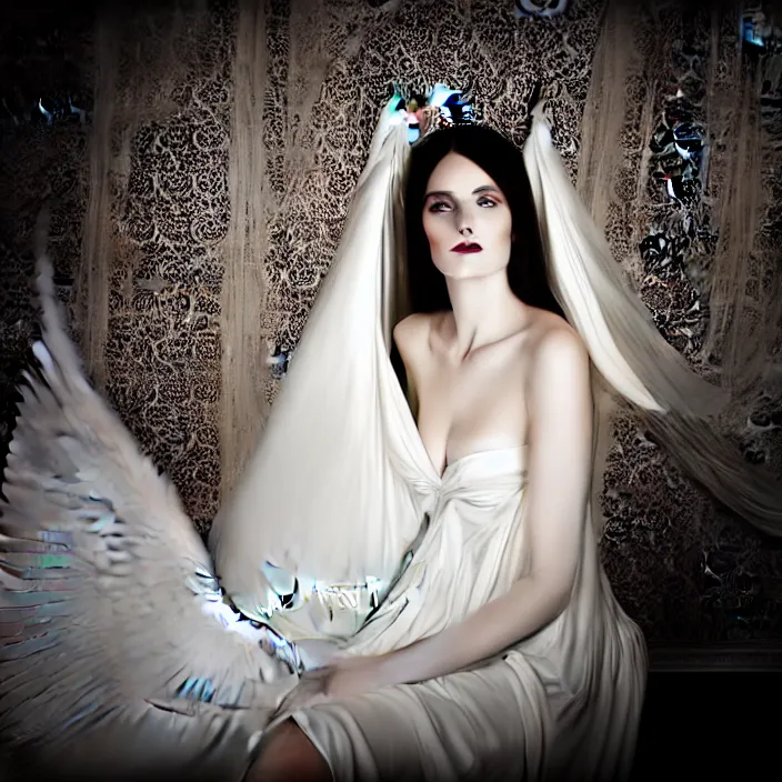 Image similar to portrait of a beautiful woman like a fallen angel, total body dressed in long intricate ornamental white dress, fine art photography by Lindsay Adler, sitting in an hall of an haunted house professional studio lighting, volumetric lighting, dark colors , hyper realistic kodak photography