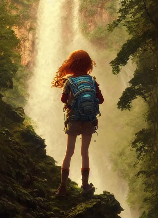 Image similar to detailed intricate digital illustration by james gurney and greg rutkowski and artgerm and wlop and sanford robinson gifford ; young red - haired explorer girl with a backpack and map, in an ancient forest, shimmering waterfall in background ; 1 3 mm film, arri alfa anamorphic lens ; sharp focus, golden hour lighting, trending on artstation 4 k