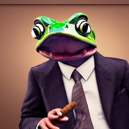 Image similar to an anthropomorphic frog wearing a suit and smoking a cigar in an office chair, 8k, photorealistic,