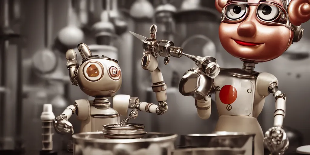 Image similar to closeup portrait of tin toy retro robot chef cooking pastry in a chemical lab, depth of field, zeiss lens, detailed, centered, fashion photoshoot, by nicoletta ceccoli, mark ryden, lostfish, breathtaking, 8 k resolution, extremely detailed, beautiful, establishing shot, artistic, hyperrealistic, octane render