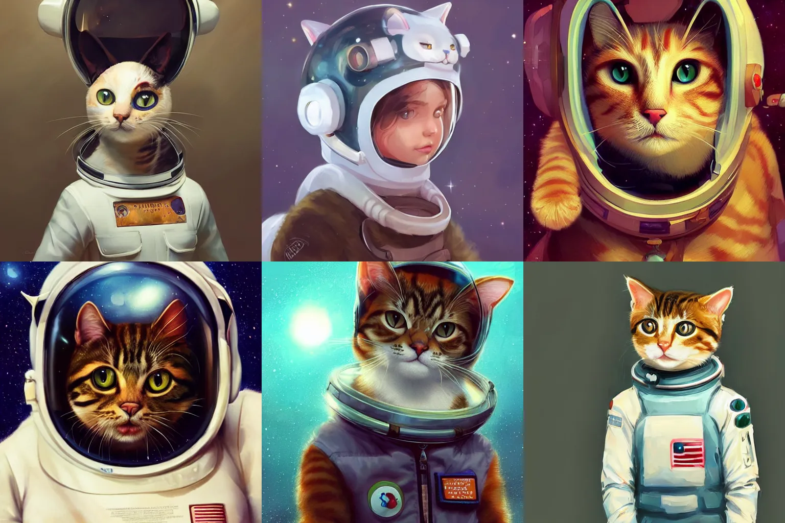 Image similar to head and shoulders masterpiece portrait of a cute adorable cat wearing a spacesuit, surreal background, digital art by Krenz Cushart, trending on artstation, cgsociety,