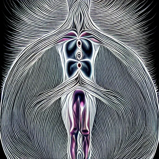 Prompt: painting of a human body connecting with the universe in the style of Alex Grey. black and white, detailed, fractals, sharp