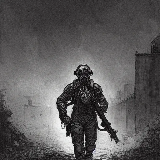 Image similar to Fallout, soldier with a gasmask, dark clouds, fire, burning, dark, eerie, night, dystopian, city, eldritch, illustration by Gustave Doré