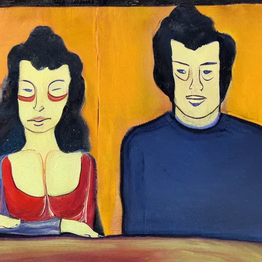 Image similar to a painting of a man and a woman sitting next to each other