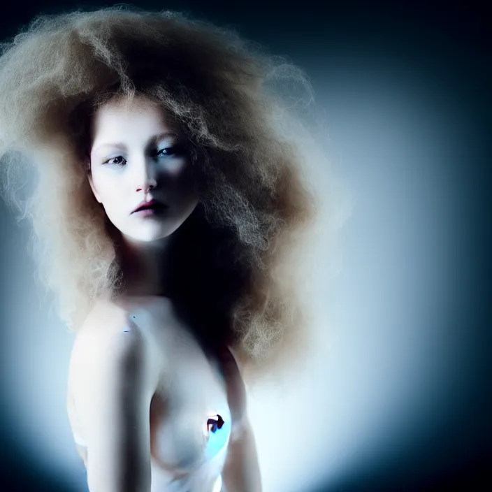 Prompt: photography of a beautiful woman with curly blond hair dressed in long white, fine art photography light painting in style of Paolo Roversi, professional studio lighting, volumetric lighting, dark background, hyper realistic photography, fashion magazine style