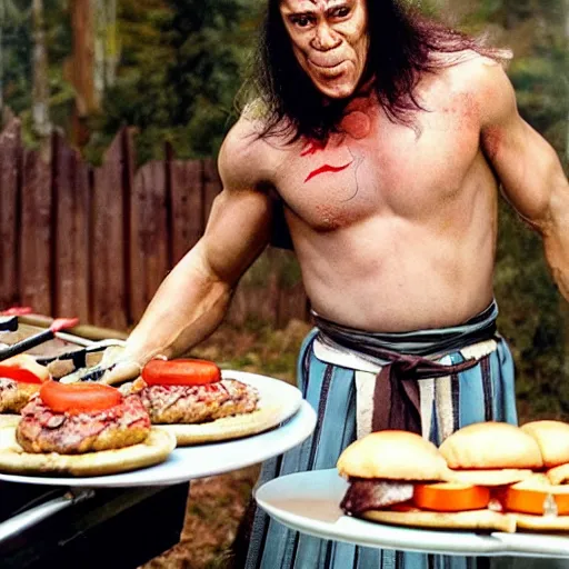 Prompt: candid photo of conan the barbarian flipping burger on a barbecue. he is wearing an apron with unicorn drawing, and a tutu. photo by annie leibovitz