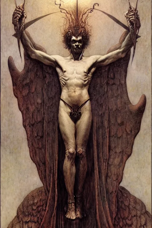 Image similar to a portrait of lucifer by wayne barlowe, gustav moreau, goward,  Gaston Bussiere and roberto ferri, santiago caruso, and austin osman spare, ((((occult art))))