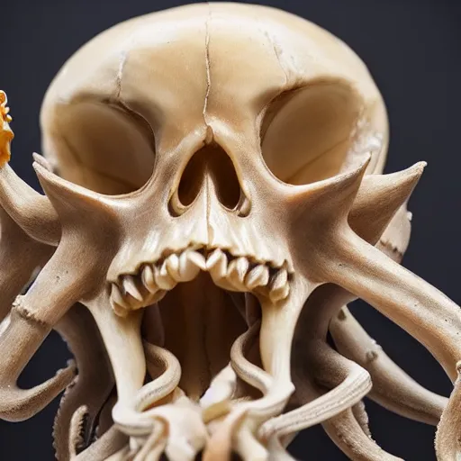 Prompt: an intricately detailed carving in an human - octopus skull, rococo ornate bone and ivory sculpted skull with teeth and tentacles, horror, artifact, micro detailed, tilt shift, uhd 8 k