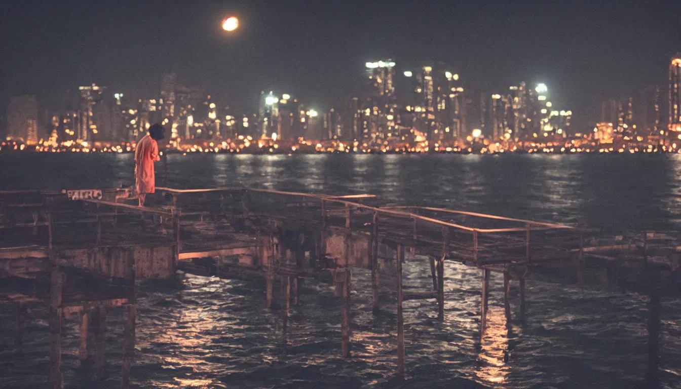 Image similar to 80s asian neon movie still with a lone man on a pier overlooking the river at night with city lights behind his back. Fallen angels movie still. hyperrealistic, high definition, medium format photography, highly detailed, tehnicolor, anamorphic 50mm lens