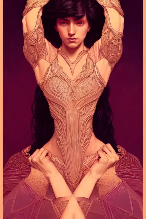 Prompt: symmetry!! intense fanart of 4 / 4 full front pose of a young sensual chaos goddess, protagonist, intricate, elegant, highly detailed, my rendition, digital painting, artstation, concept art, perfect, smooth, sharp focus, illustration, art by artgerm, kilian eng, greg rutkowski and alphonse mucha