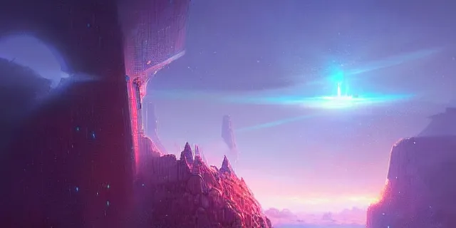 Prompt: a fleet of giant glowing futuristic cubes in the sky, a fantasy magical landscape seen in the distance, atmospheric lighting, intricate, volumetric lighting, beautiful, sharp focus, ultra detailed, in the art style of marc simonetti, bowater charlie and brom gerald, astrophotography