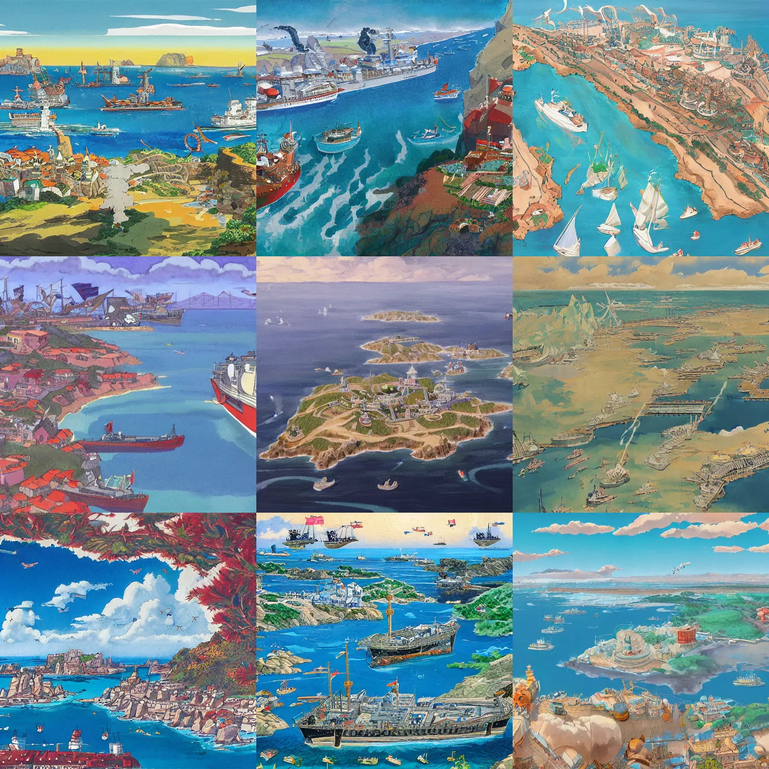 Prompt: painting of a coastal kingdom with port filled with ships seen from the sky by studio ghibli