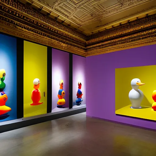 Image similar to wide shot, one photorealistic rubber duck in foreground on a pedestal in an cavernous museum gallery, metropolitan museum of art, the walls are covered with colorful geometric wall paintings in the style of sol lewitt, tall arched stone doorways, through the doorways are more wall paintings in the style of sol lewitt.