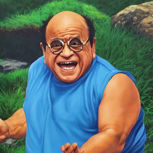 Image similar to a painting of danny devito posing in a scenic environment by hirohiko araki, jojos bizarre adventure, trending on artstation