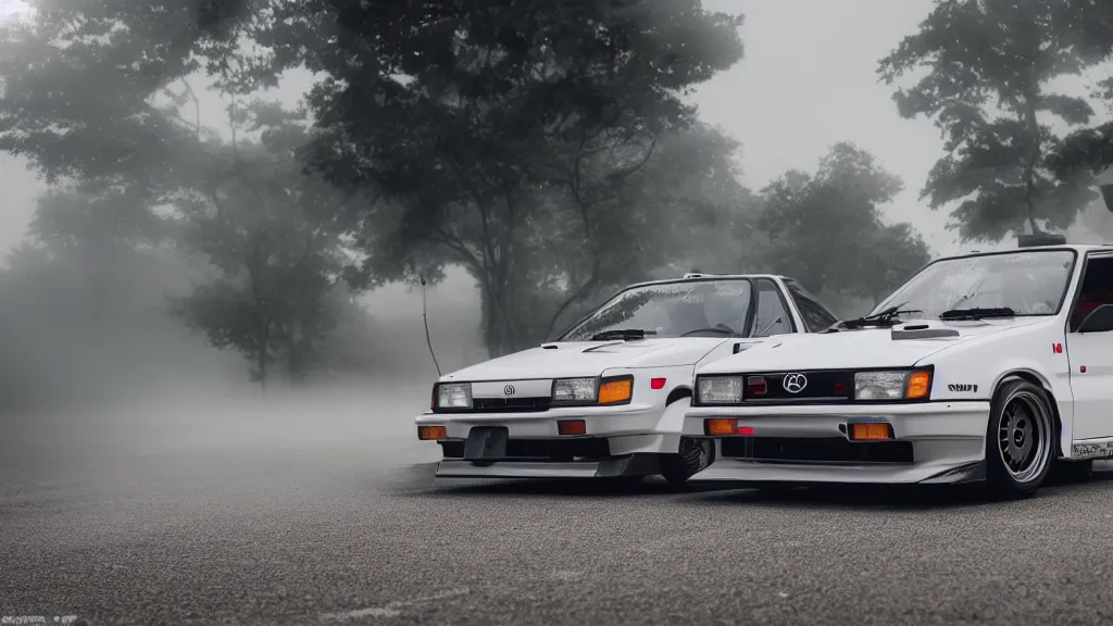 Image similar to a toyota ae 8 6 with pop up headlights, cinematic, long exposure, white balance, 8 k, led, lumen global illumination, fog, ray tracing reflections