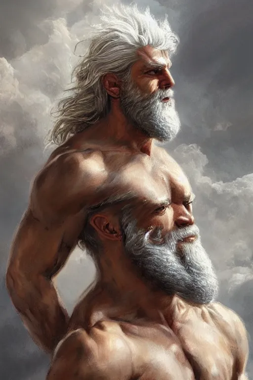 Image similar to painted portrait of rugged zeus, god of thunder, greek god, white hair, masculine, mature, handsome, upper body, muscular, hairy torso, fantasy, intricate, elegant, highly detailed, digital painting, artstation, concept art, smooth, sharp focus, illustration, art by gaston bussiere and greg rutkowski