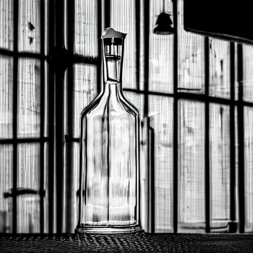 Prompt: an award - winning photo of a translucent glass vodka bottle in the shape and style of a propane cylinder in a grungy warehouse, dramatic lighting, sigma 2 4 mm, wide angle lens, ƒ / 8, behance