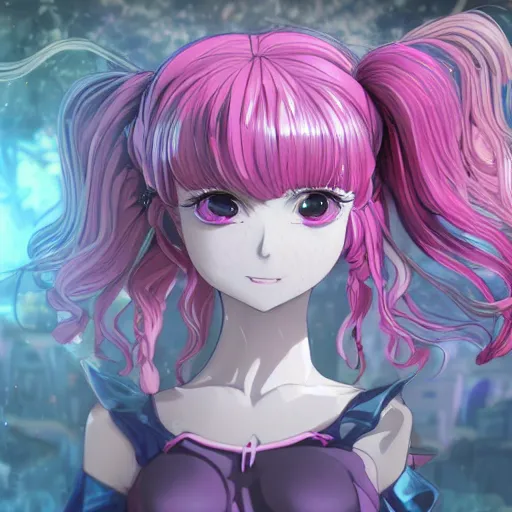 Prompt: stunningly beautiful omnipotent megalomaniacal anime asi goddess who looks like junko enoshima with symmetrical perfect face and porcelain skin, pink twintail hair and cyan eyes, trapped inside her surreal vr castle where she owns you completely with a haughty smile!!!, hyperdetailed, digital art from danganronpa, unreal engine 5, 8 k