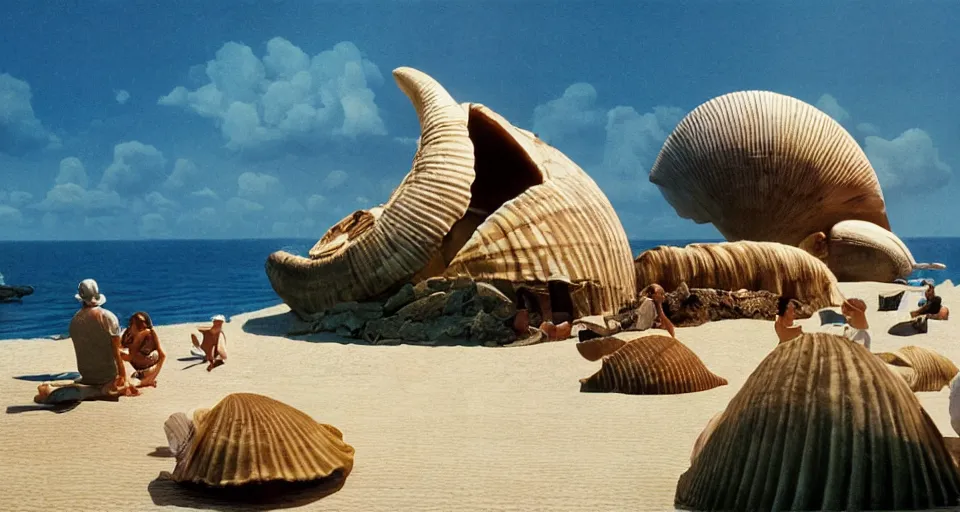 Image similar to a giant seashell house in the middle of nowhere, cinematography by syd mead, gregory crewdson