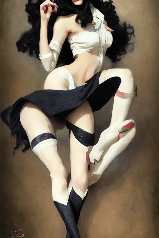 Image similar to full figure portrait of Zatana, pale, haunted, in tophat and tailcoat, legs wrapped in fishnet stockings, shushing the camera, dc comics, digital art from artstation by Ruan Jia and Mandy Jurgens and Artgerm and william-adolphe bouguereau